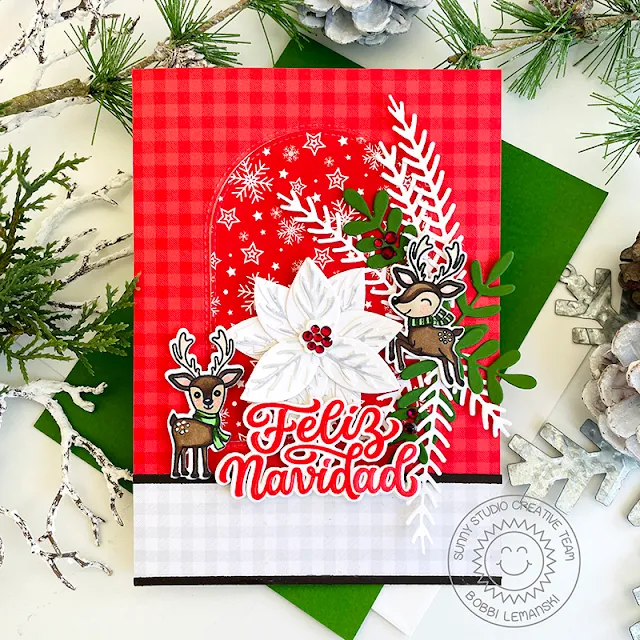 Sunny Studio Stamps: Feliz Navidad Holiday Card by Bobbi Lemanski (featuring Reindeer Games, Winter Greenery, Pristine Poinsettia Dies, Stitched Arch Dies)