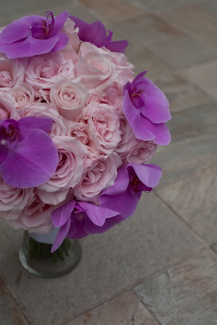 I used green Hydrangea two different types of pink spray roses fiddlehead 