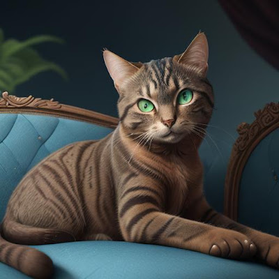 brown tabby on blue couch