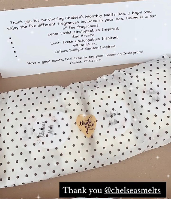 Packaged wax melts in polka dot tissue paper, for a subscription box