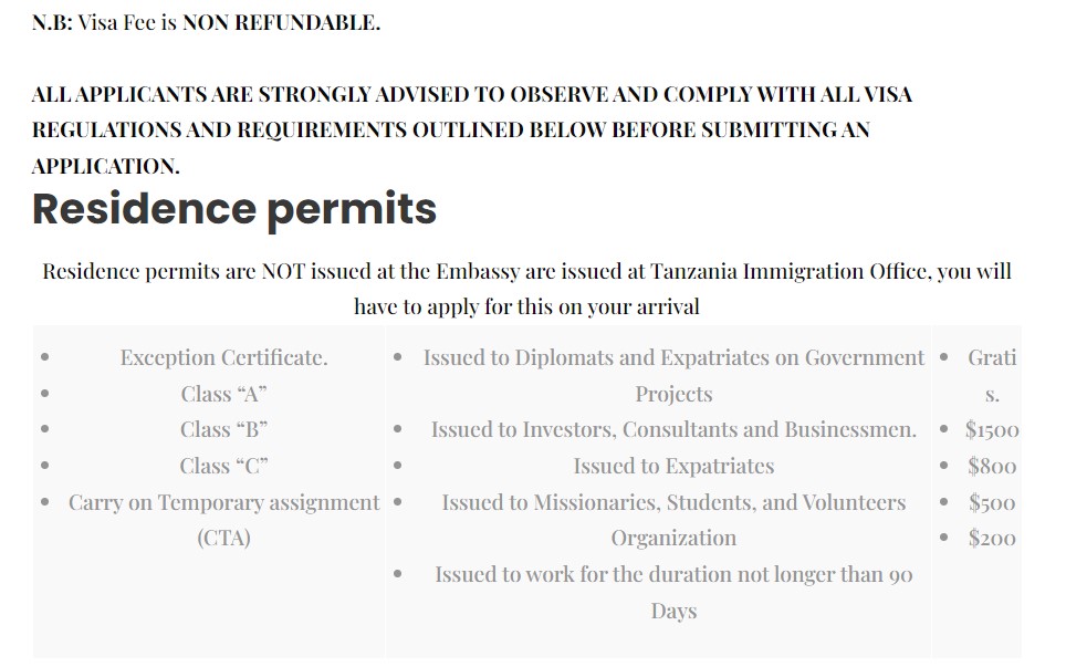 residence permits, tanzania, visa fee