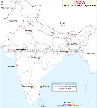 Map showing the venues of 2011 worldcup