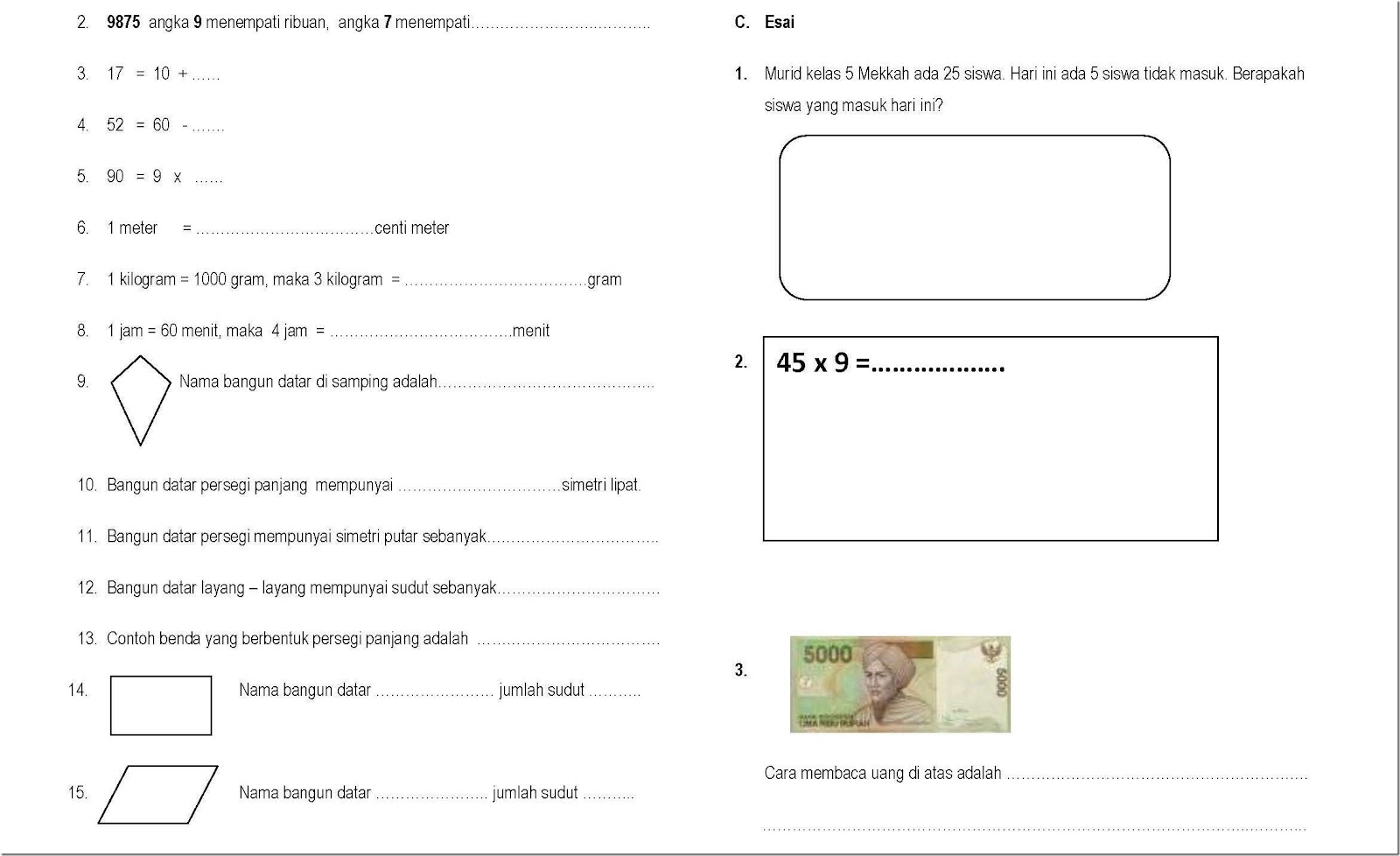 Contoh Soal UAS Matematika Kelas 5 Semester 1 SD dan MI
