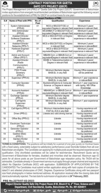 Latest Quetta Safe City Project QSCP Jobs 2023 Advertisement