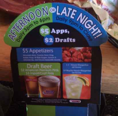 Applebees table ad for apps $5 drafts $2