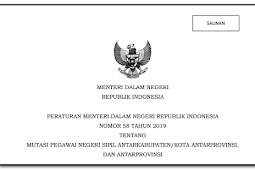 Permendagri Nomor 58 Tahun 2019 tentang Mutasi PNS Antar Kabupaten/Kota Antar Provinsi dan Antar Provinsi