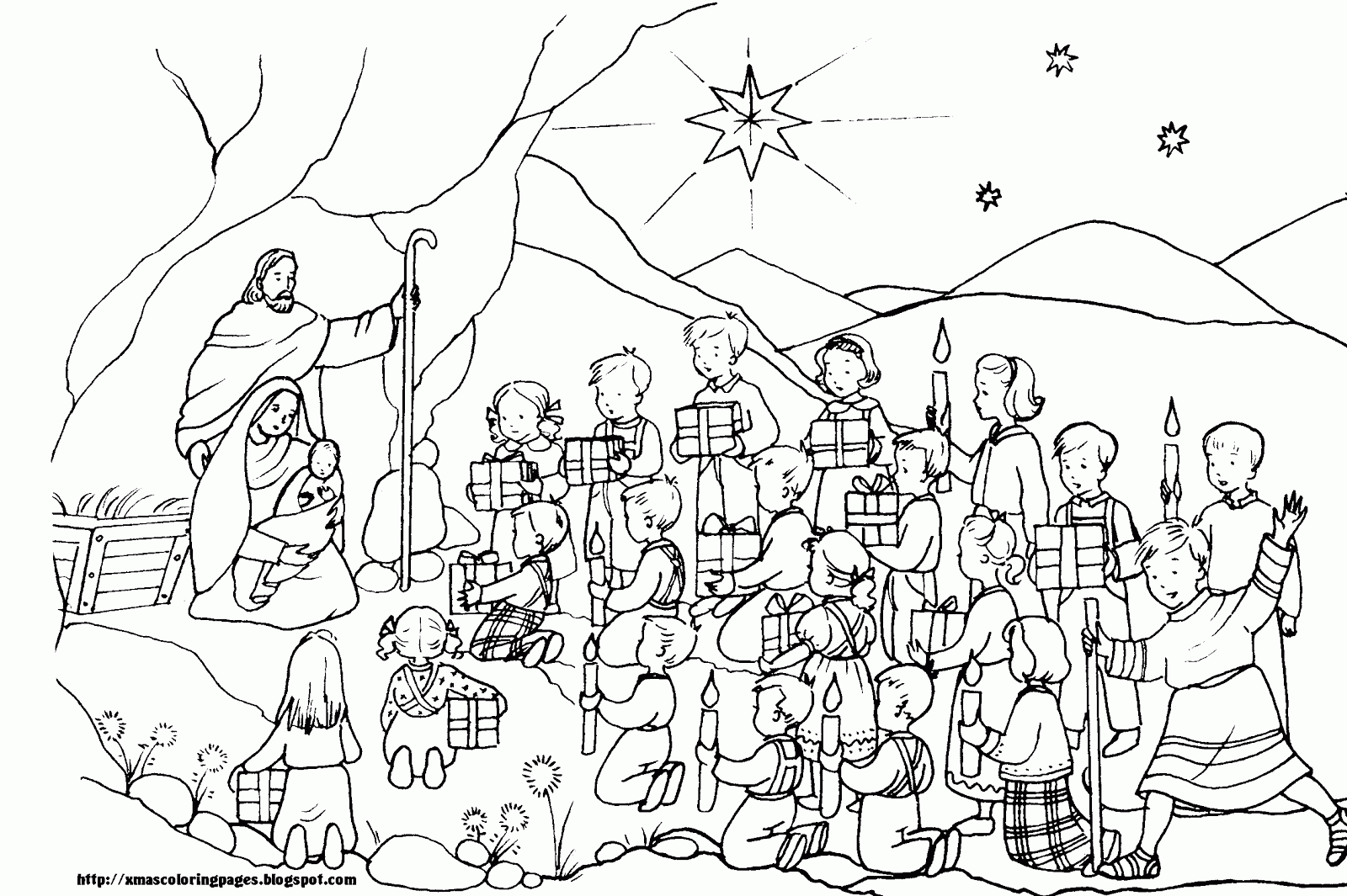 Here are two religious coloring pages for Christmas one is Mary and Baby Jesus and he other shows many children attending the nativity which is rather