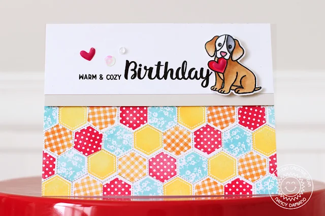 Sunny Studio Stamps: Quilted Hexagons Warm & Cozy Birthday Card by Nancy Damiano