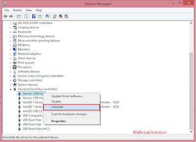 uninstall usb hub lalu restart