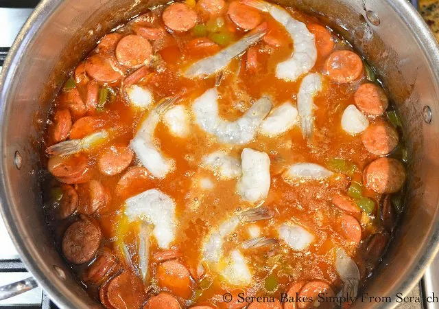 Shrimp and Sausage Gumbo stir in raw shrimp from Serena Bakes Simply From Scratch.