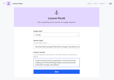 The initial prompt includes the course title and lesson topic, and 'College' is selected as the lesson level.