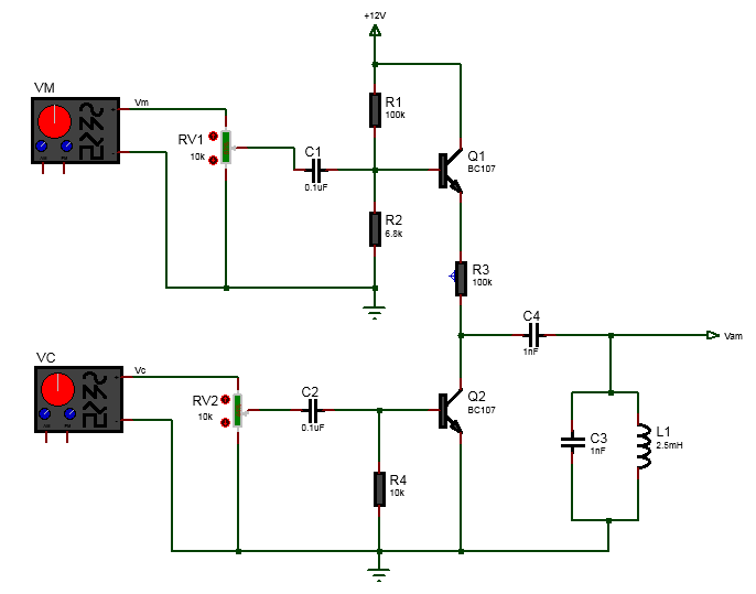 AM modulator circuit using Two BJT Transistor