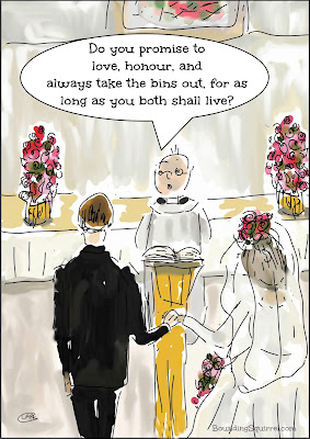 Funny Wedding Cartoon in which the groom's vows include promising to take the bins out