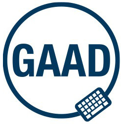 GAAD letters within a blue circle on a white backgroud, with a keyboard in the circle