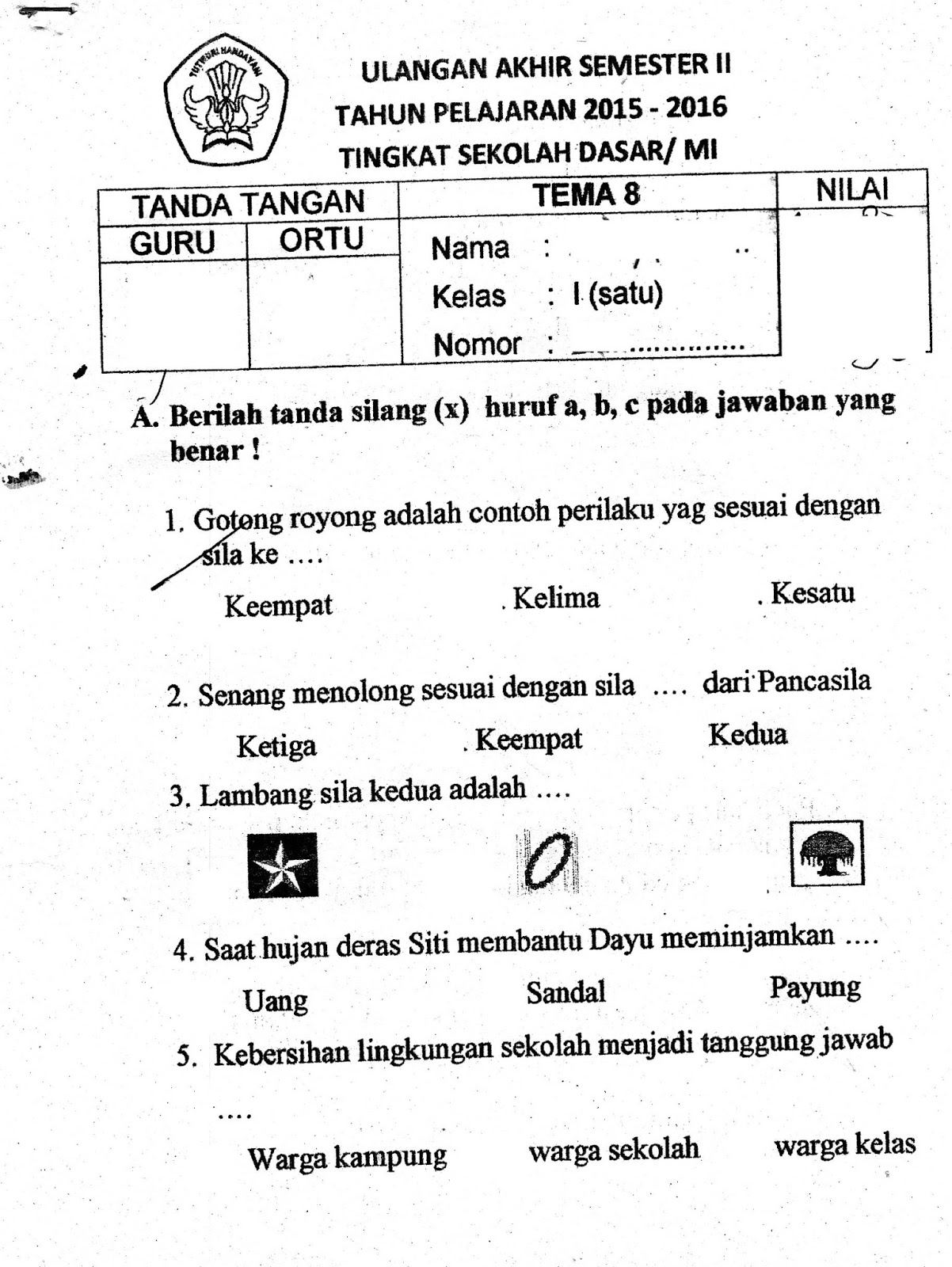 UAS Ujian Akhir Semester Tema 8 Semester Genap SD Sekolah Dasar Kelas 1 TA 2015 2016 Kurikulum2013