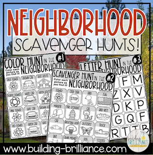 Get your kids outside, while still practicing safe social distancing, with these fun and free neighborhood scavenger hunts! Exercise is proven to improve physical and emotional health. Use these to get outside and explore! #BuildingBrilliance #distancelearning #teacherspayteachers