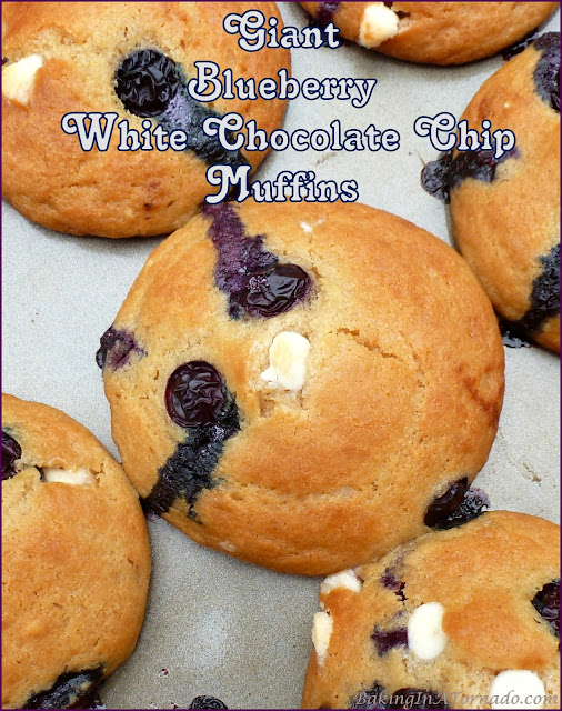 Giant Blueberry White Chocolate Chip Muffins, 30 minutes from start to baked, these giant muffins could not be easier. | recipe developed by www.BakingInATornado.com | #recipe #bake