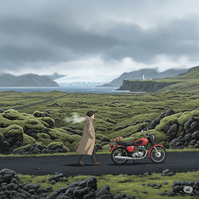 Man stands beside red motorcycle on empty Icelandic road beneath dramatic Ghibli-style storm clouds.