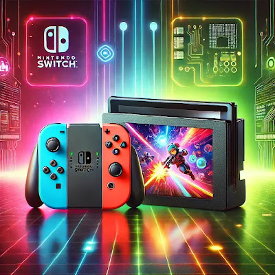 A futuristic Nintendo Switch 2 console displayed in both handheld and docked modes. The sleek black design features vibrant Joy-Con controllers and a glowing OLED screen showcasing an exciting gaming scene. The background includes glowing circuits and gaming-themed icons, emphasizing innovation and technology.