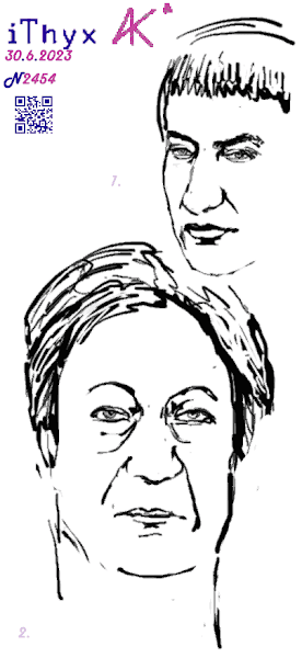Два наброска лица: 1. Не законченный рисунок мужчины с наушниками; 2. Большая женщина со короткими, светлыми волосами. Автор рисунка: художник #iThyx
