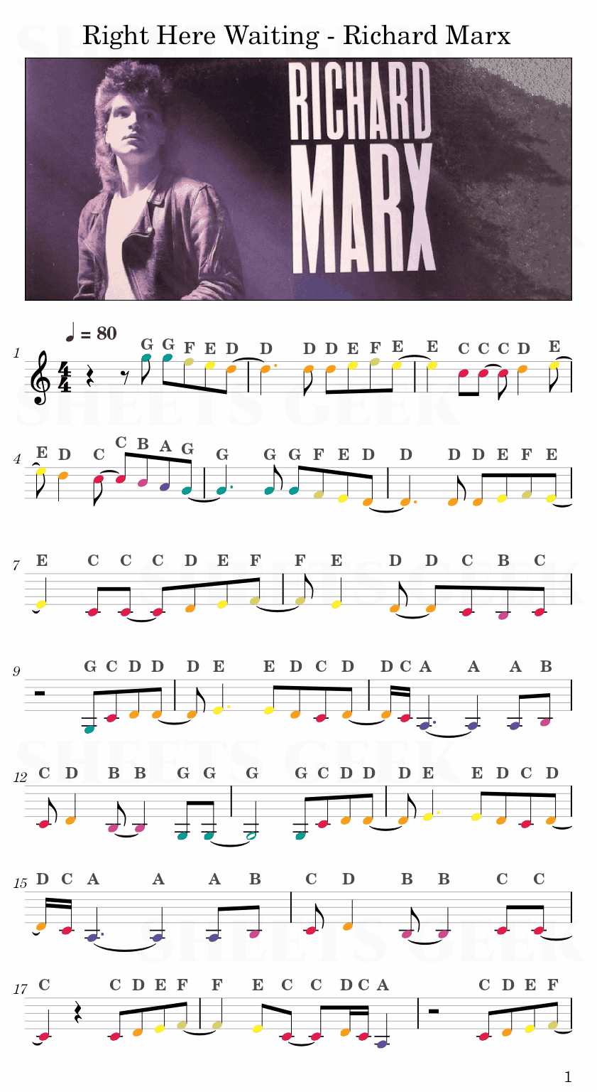 Right Here Waiting - Richard Marx Easy Sheet Music Free for piano, keyboard, flute, violin, sax, cello page 1