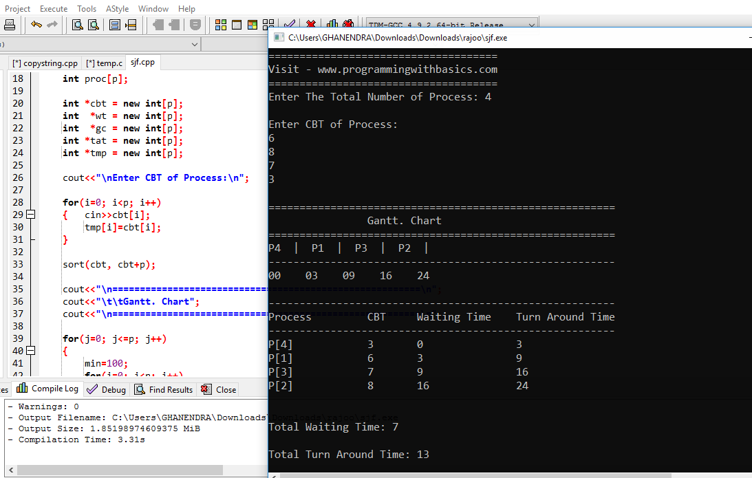 The Output of Shortest Job First Scheduling Program in C++ With Gantt Chart