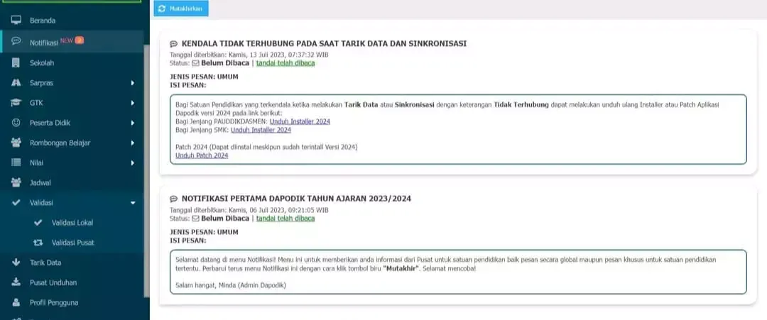 FUNGSI MENU NOTIFIKASI DAN TARIK DATA PADA APLIKASI DAPODIK 2024