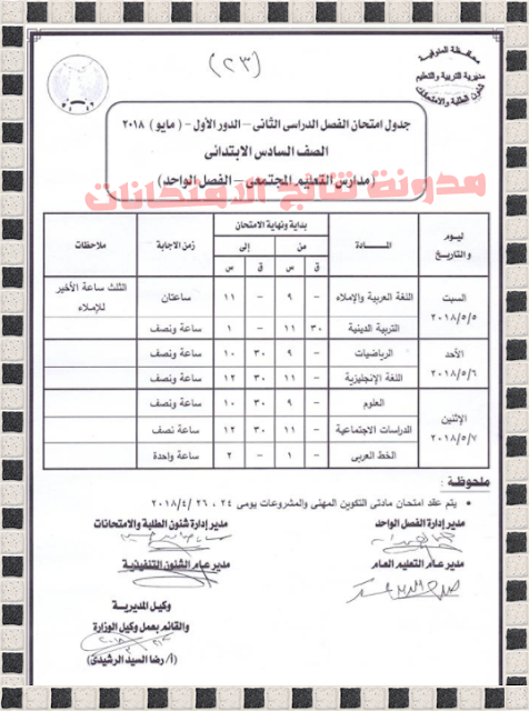 جدول إمتحانات الشهادة الابتدائية بمحافظة المنوفية 2018 أخر العام بالصور