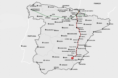 Mapa de España con la indicación del Camino de la Vera Cruz