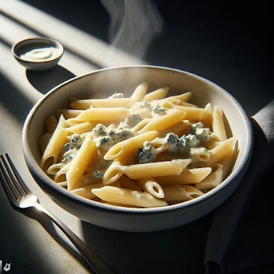 Auf den Bild steht ein Teller mit einer Portion Wodka-Gorgonzola-Penne. Ein sehr lecker aus sehendes Gericht.