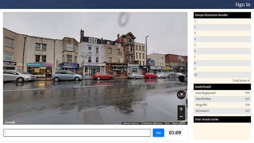 screenshot of cityguessr showing a street view of a rainy street in Bristol