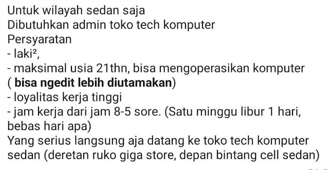 Lowongan Kerja Admin Toko Tech Komputer Tanpa Syarat Pendidikan