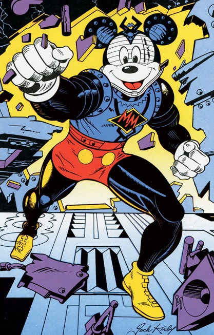 Mickey Mouse depicted in Jack Kirby's trademark style as a metallic or armored superhero complete with ‘MM’ insignia