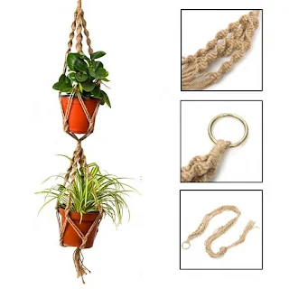 The plant hanger net is made of solid hempen cord with macrame knots that have the color of a natural plant for garden indoor or outdoor