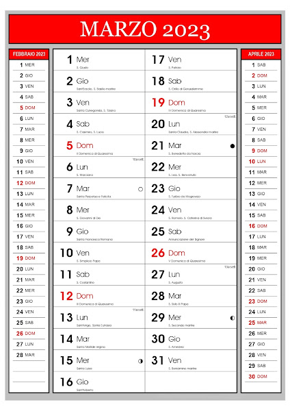 Calendario 2023 con fasi lunari e santi - marzo