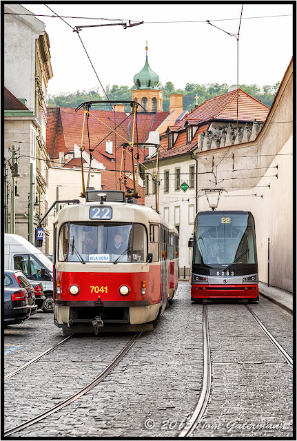 Tram 7041 and Tram 9283 passing in Lesser Town Prague