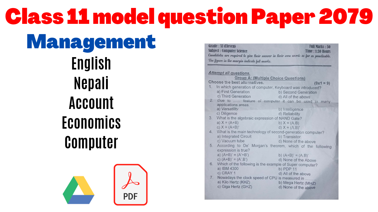 Class 11 model question paper of management 2079 [pdf],Imp of Account, Economics, Nepali, English, Social, and Computer of class 11 management