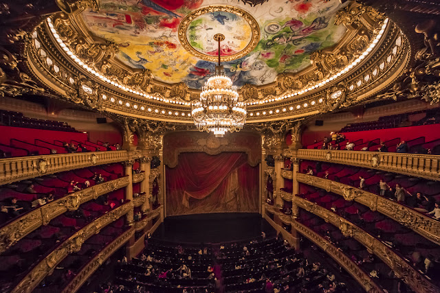 fotografia mostra o auditório e o palco da Ópera de PAris aparecendo também o seu teto