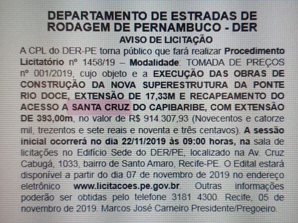Licitação para construção de nova ponte em Santa Cruz é publicada no Diário Oficial