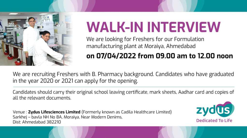 Job Availables,Zydus Walk-In-Interview For B.Pharm- Freshers