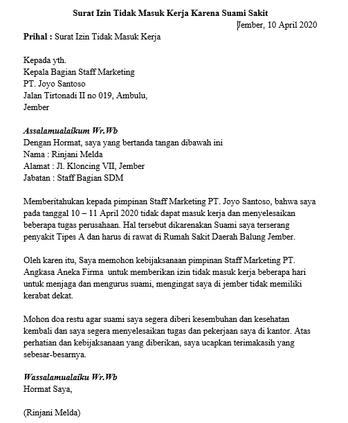 16+ Contoh Surat Izin Tidak Masuk Kerja 100% Pasti di ...