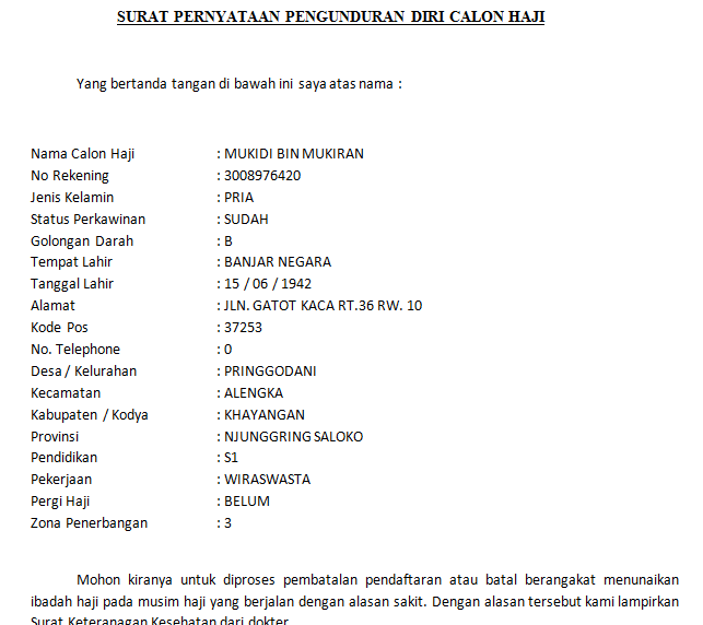 Contoh Surat Pernyataan Pengunduran Pembatalan Calon Haji Karena Sakit Atau Meninggal Dunia Haryoto Berbagi