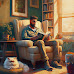 A cozy reading book bathed in warm sunlight, with a cat curled up on a nearby armchair.