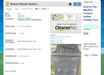 Result page from Billion Graves showing a small image of a gravestone and the information for death date and location listed on the left.  There are also a variety of advertisments.