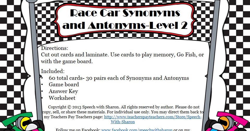 Speech with Sharon: Race Car Synonyms and Antonyms {With ...