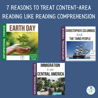Poster with 3 reading comprehension products: Earth Day, Immigration from Central America, and Christopher Columbus and the Taino People