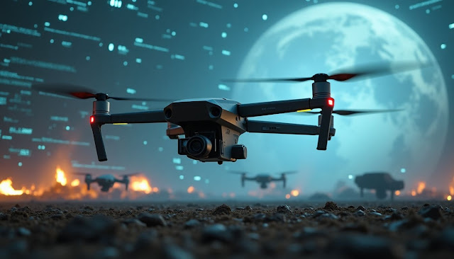 Futuristic battlefield with drones and surveillance technology.
