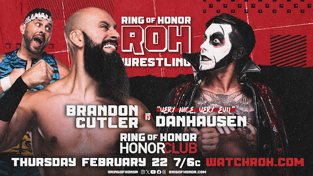 Ring of Honor card - Brandon Cutler (with Colt Cabana) versus Danhausen 22 February 2024