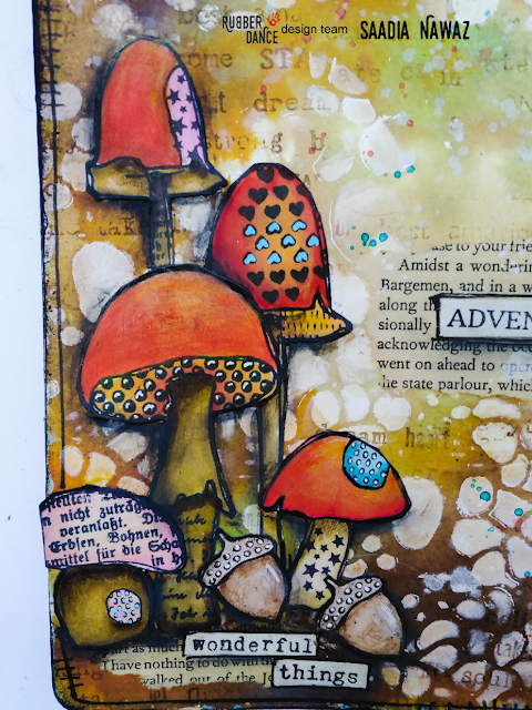 Art journal spread with Rubber Dance stamps Textured Mushrooms, stencils and ink sprays, on Dylusions journal #tcwstencillove 