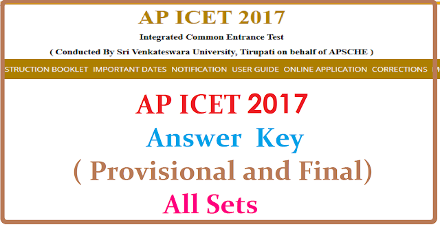 AP ICET 2017 Key ( Provisional and Final) -All Sets AP ICET 2017 key will be published here after the examination. Andhra Pradesh Integrated Common Entrance Test Key indicates correct answers of all the 200 questions asked in the exam. The paper is divided into three sections A, B, c in which questions are asked on Analytical ability, Mathematical Ability, Communication ability. AP ICET Key 2017 can be checked after the MBA/ MCA Entrance exam will be conducted in the month of MAY 2017. It plays an important role in analysing exam performance before declaration of results. Moreover ,candidates can challage the provisional answer keys and the exam conducting look into the objectios raised within scheduled dates/2017/04/ap-icet-2017-key-provisional-and-final-all-sets-sche.ap.gov.in.html